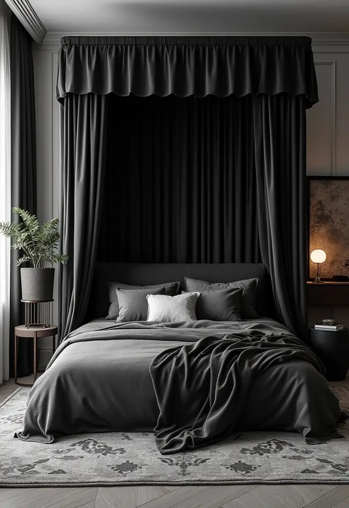 25 Black Canopy Bedroom Ideas That Add Drama and Elegance - 21. Monochromatic Patterns