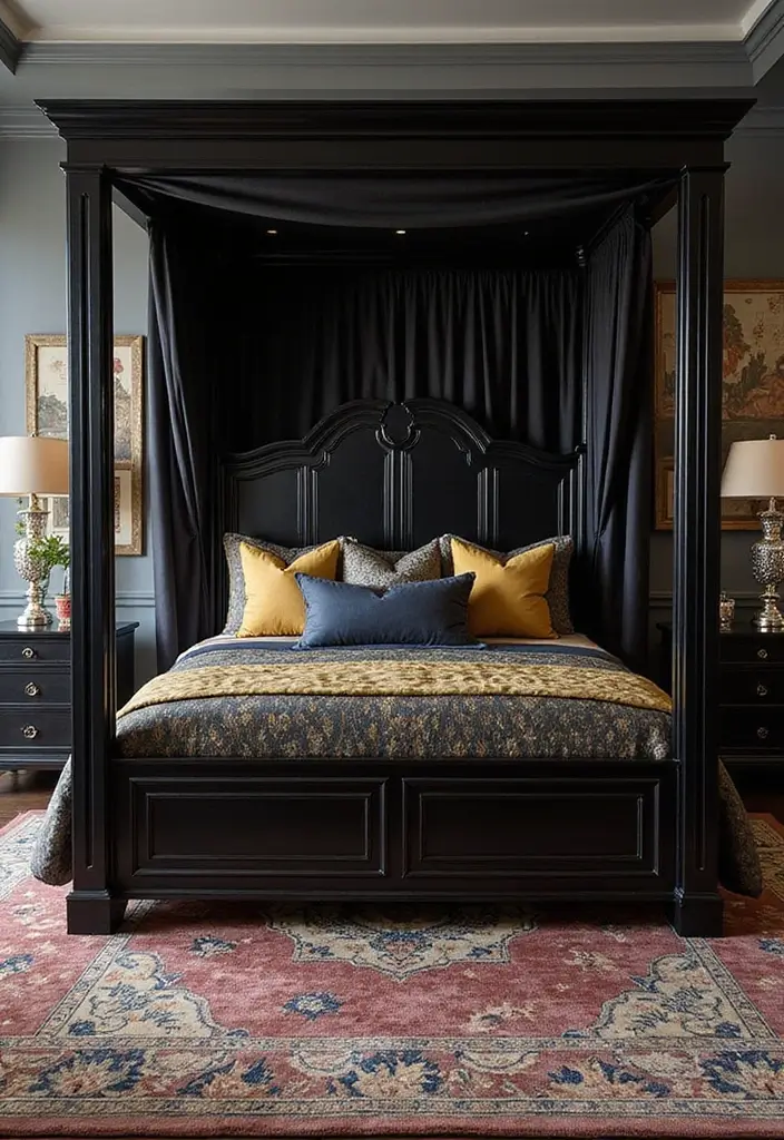25 Black Canopy Bedroom Ideas That Add Drama and Elegance - 6. Art Deco Glamour