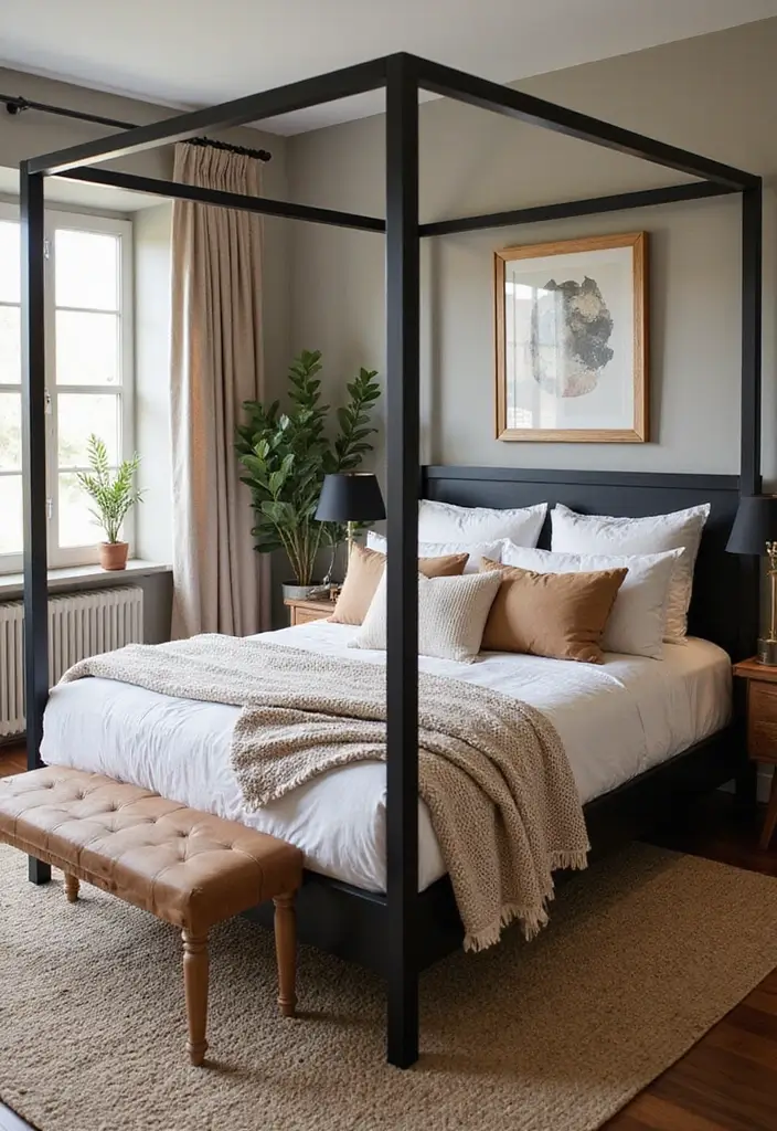 25 Black Canopy Bedroom Ideas That Add Drama and Elegance - 9. Modern Boho Fusion