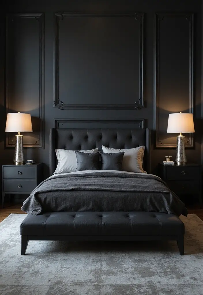 25 Black and Silver Bedroom Ideas That Feel Glamorous & Modern - 1. Sleek Black Furniture with Silver Accents