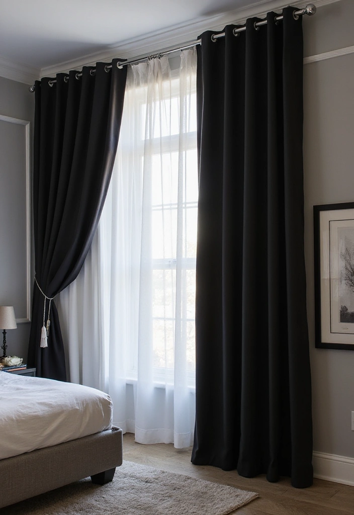 25 Black and Silver Bedroom Ideas That Feel Glamorous & Modern - 11. Black-out Curtains with Silver Hardware