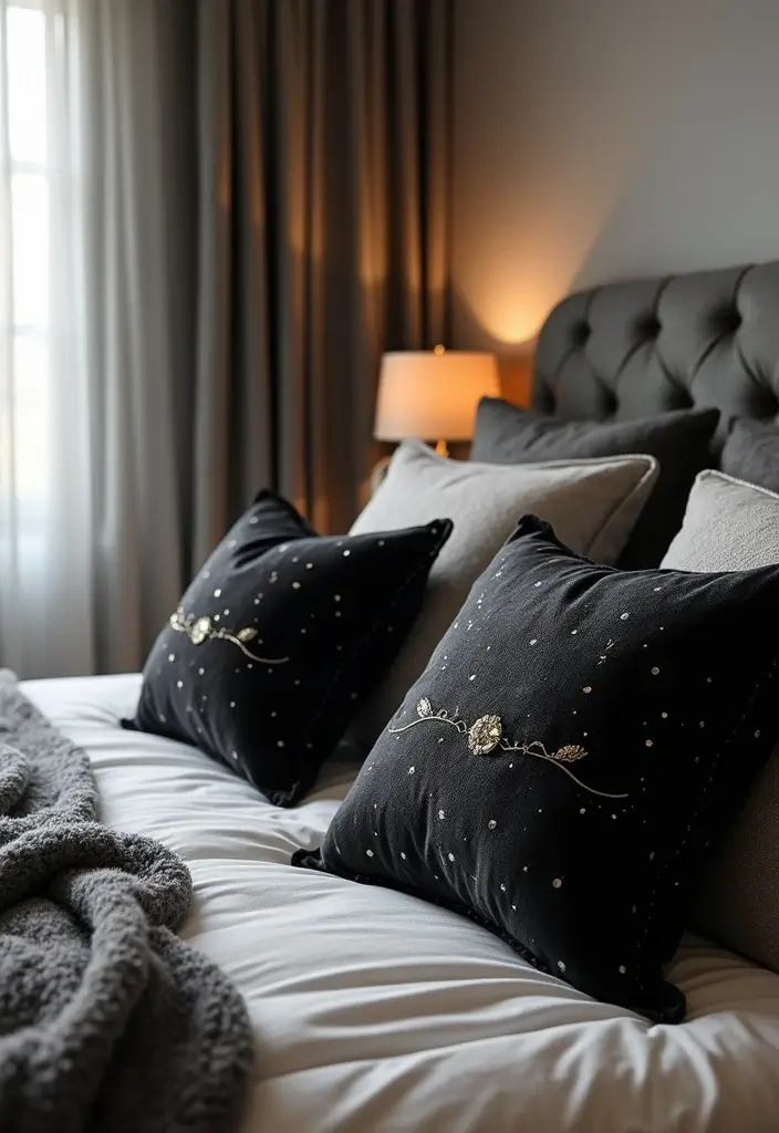 25 Black and Silver Bedroom Ideas That Feel Glamorous & Modern - 15. Black and Silver Decorative Pillows