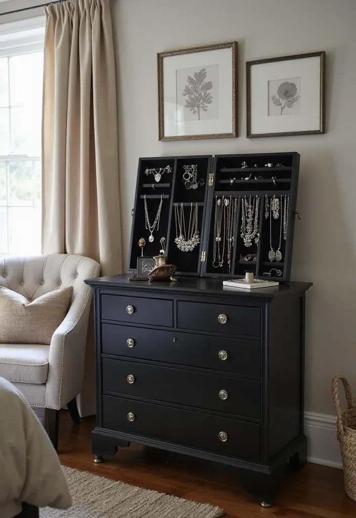 25 Black and Silver Bedroom Ideas That Feel Glamorous & Modern - 19. Black and Silver Jewelry Storage