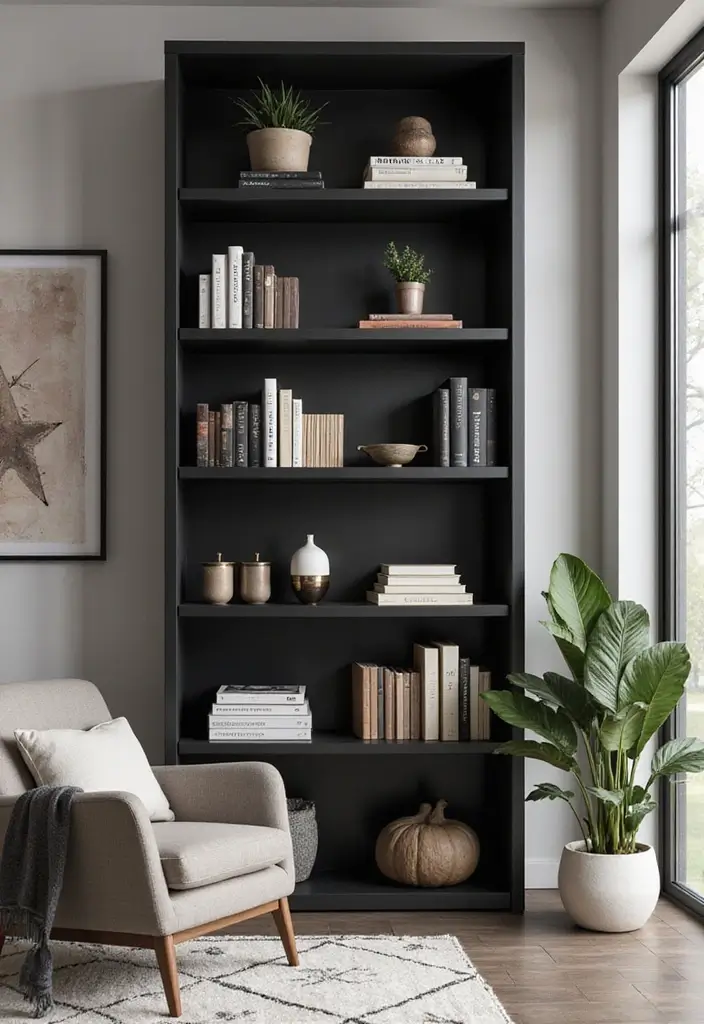 25 Black and Silver Bedroom Ideas That Feel Glamorous & Modern - 21. Black and Silver Bookshelves