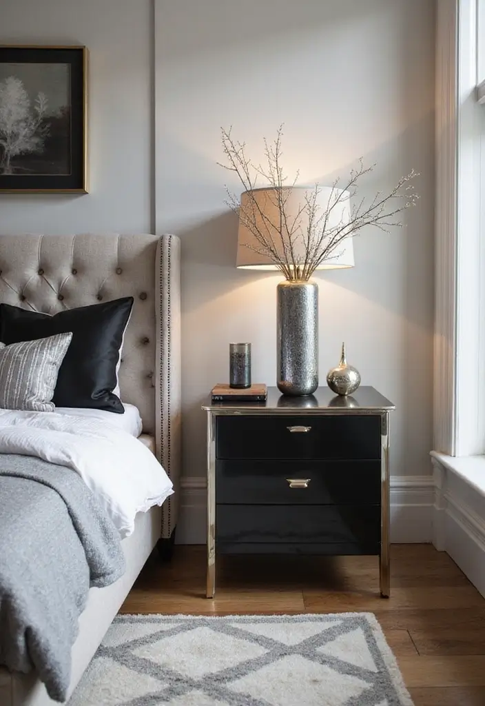 25 Black and Silver Bedroom Ideas That Feel Glamorous & Modern - 22. Black and Silver Accent Tables