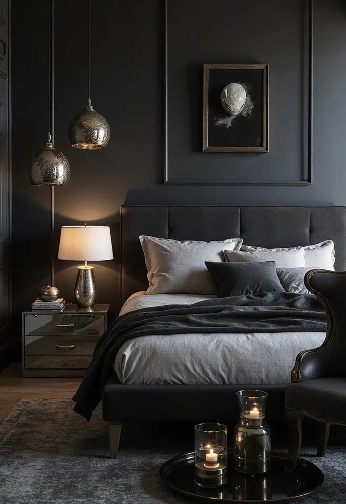 25 Black and Silver Bedroom Ideas That Feel Glamorous & Modern - 23. Black and Silver Lighting Accessories