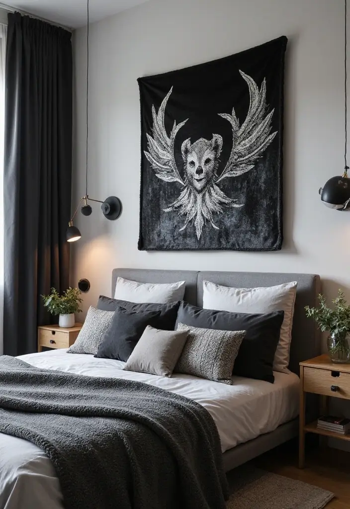 25 Black and Silver Bedroom Ideas That Feel Glamorous & Modern - 24. Black and Silver Wall Textiles