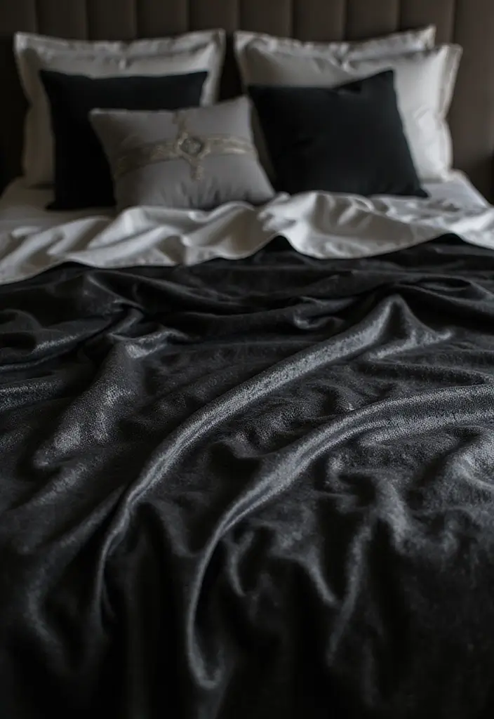 25 Black and Silver Bedroom Ideas That Feel Glamorous & Modern - 4. Luxurious Textiles for Bedding