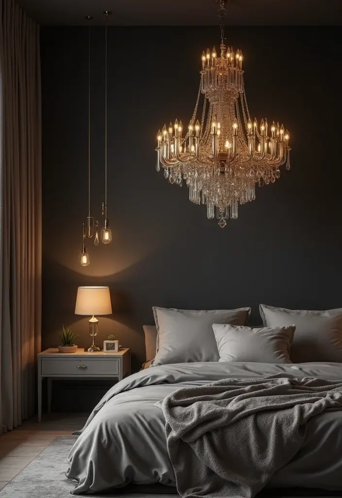 25 Black and Silver Bedroom Ideas That Feel Glamorous & Modern - 5. Silver Glamour with Lighting Fixtures