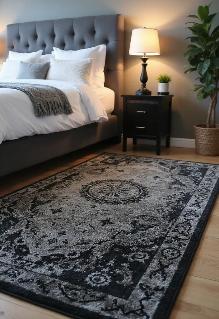25 Black and Silver Bedroom Ideas That Feel Glamorous & Modern - 7. Black and Silver Area Rugs