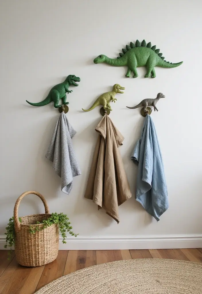 25 Boys Dinosaur Bedroom Ideas for a Roaring Good Time - 25. Dino-themed Wall Hooks