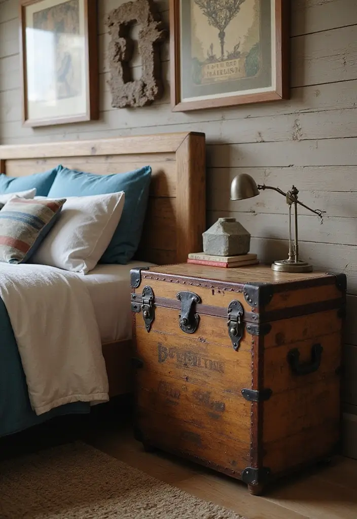 25 Farm Bedroom Ideas for Boys That Bring Country Vibes Indoors - 22. A Vintage Trunk as a Bedside Table