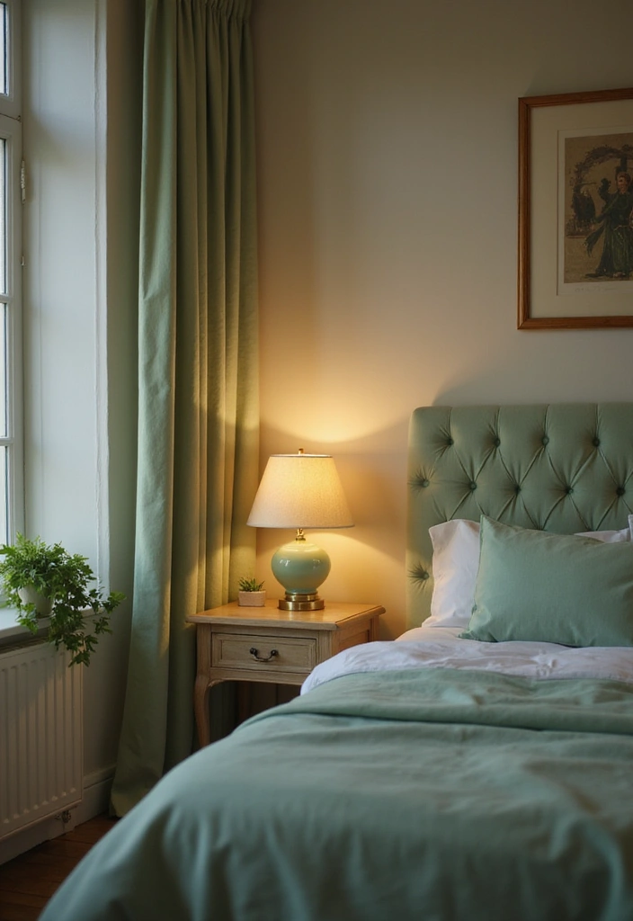 25 Pastel Green Bedroom Ideas That Are Soft and Soothing - 10. Pastel Green Bedside Lighting
