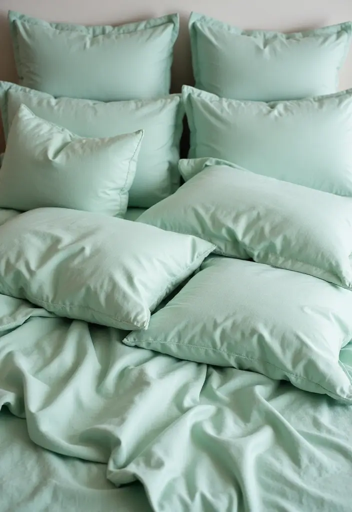 25 Pastel Green Bedroom Ideas That Are Soft and Soothing - 11. Pastel Green Bedding Layering