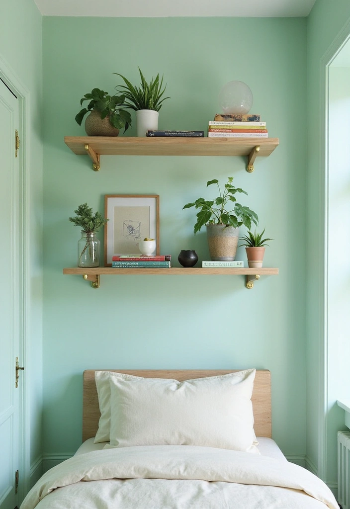 25 Pastel Green Bedroom Ideas That Are Soft and Soothing - 19. Pastel Green Shelves