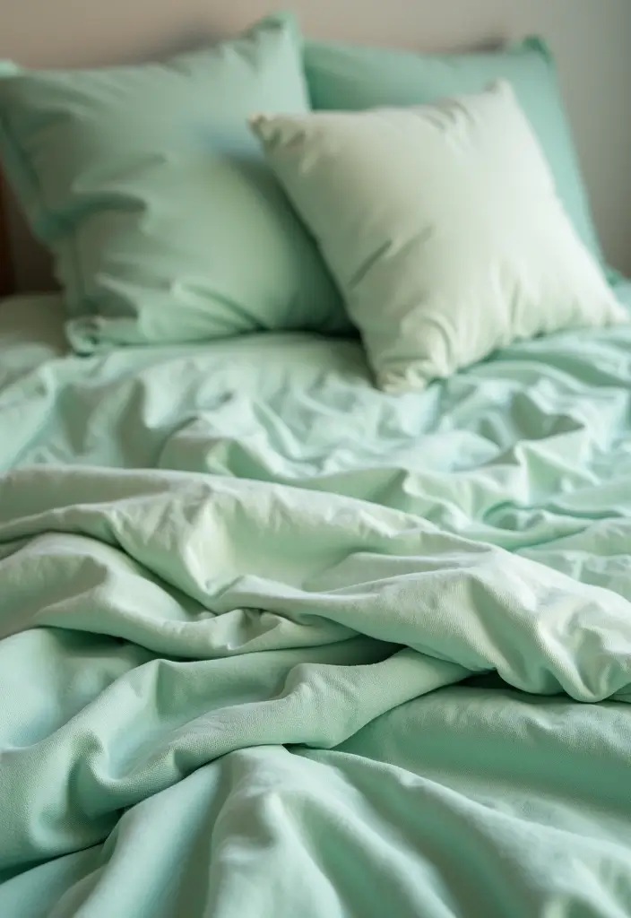 25 Pastel Green Bedroom Ideas That Are Soft and Soothing - 2. Cozy Bedding in Pastel Green