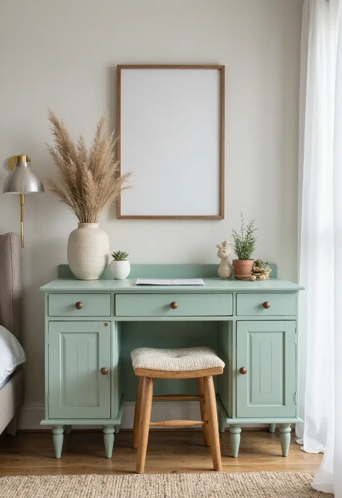 25 Pastel Green Bedroom Ideas That Are Soft and Soothing - 20. Pastel Green Desk or Vanity