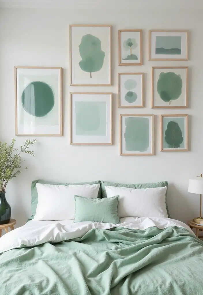 25 Pastel Green Bedroom Ideas That Are Soft and Soothing - 22. Pastel Green Gallery Wall Art