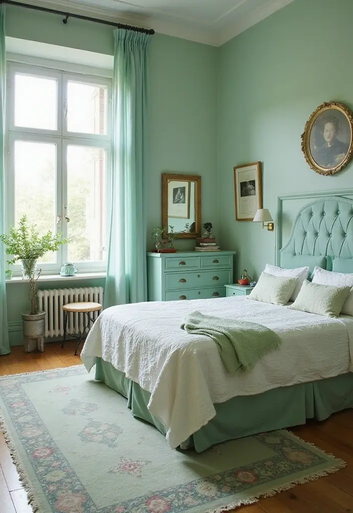 25 Pastel Green Bedroom Ideas That Are Soft and Soothing - 23. Vintage Touches in Pastel Green