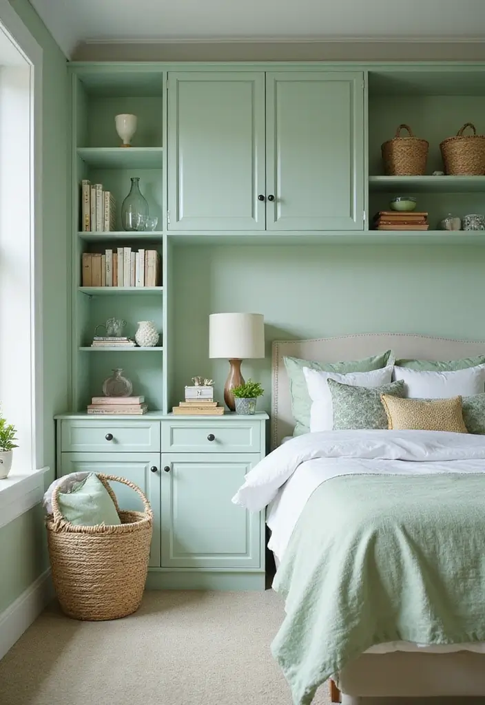 25 Pastel Green Bedroom Ideas That Are Soft and Soothing - 24. Pastel Green Storage Solutions