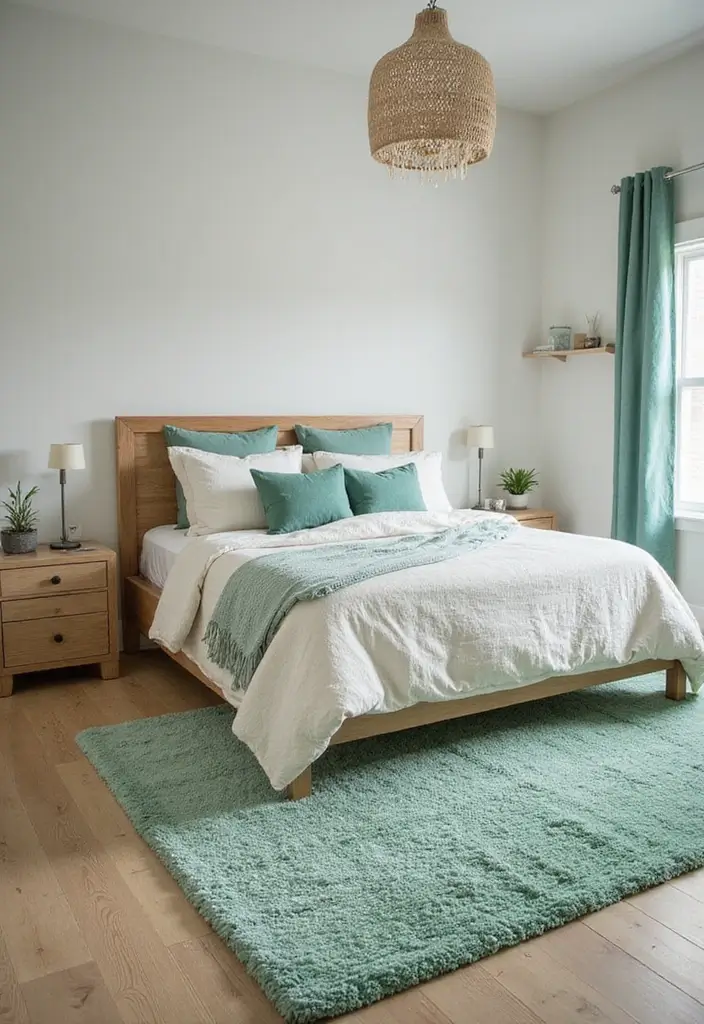 25 Pastel Green Bedroom Ideas That Are Soft and Soothing - 6. Layered Rugs in Soft Greens