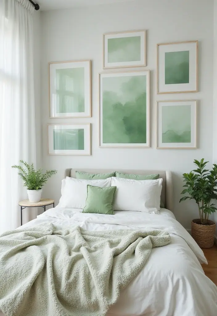 25 Pastel Green Bedroom Ideas That Are Soft and Soothing - 8. Soft Green Wall Art