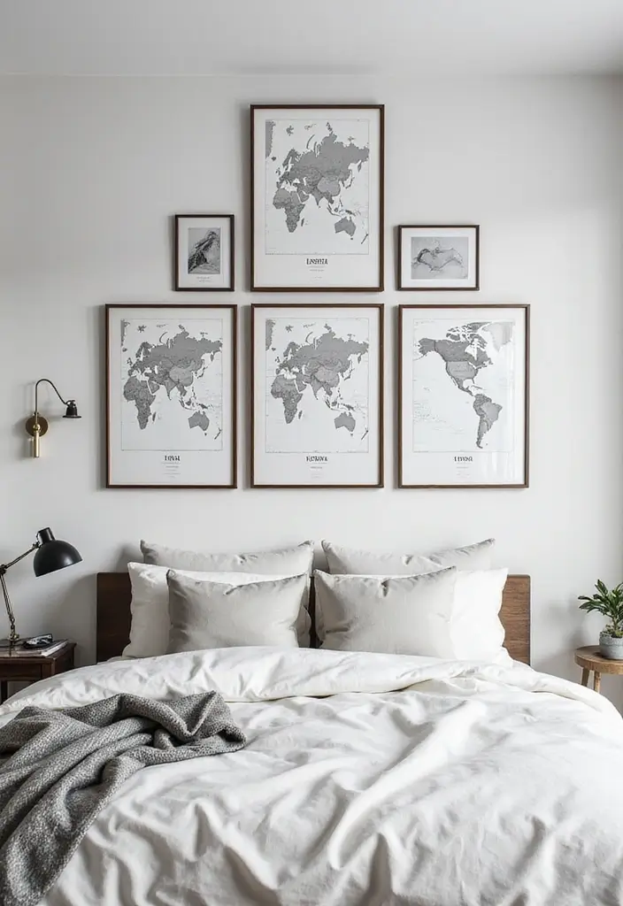 25 Picture Wall Ideas Bedroom Aesthetic Black and White That Inspire You - 14. Monochromatic Map Prints