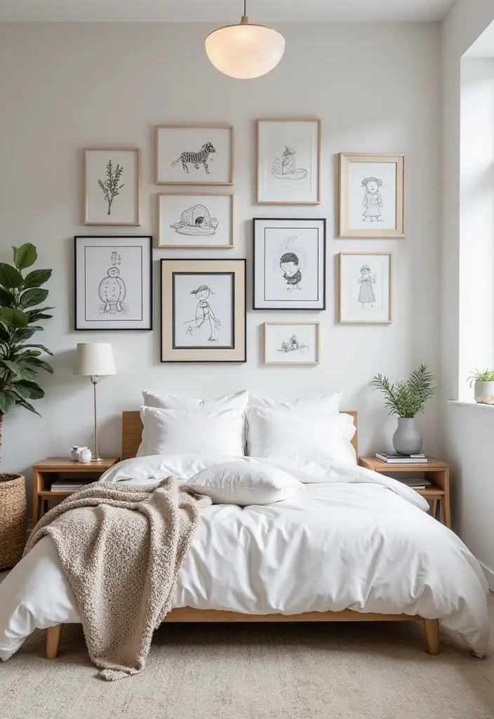 25 Picture Wall Ideas Bedroom Aesthetic Black and White That Inspire You - 16. Charming Childhood Artwork
