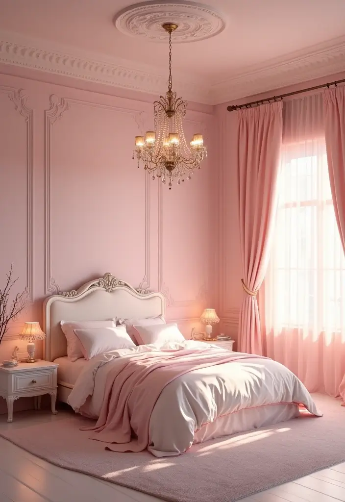 25 Pink Walls Bedroom Ideas That Feel Warm and Happy - 11. Romantic Pink Chandeliers