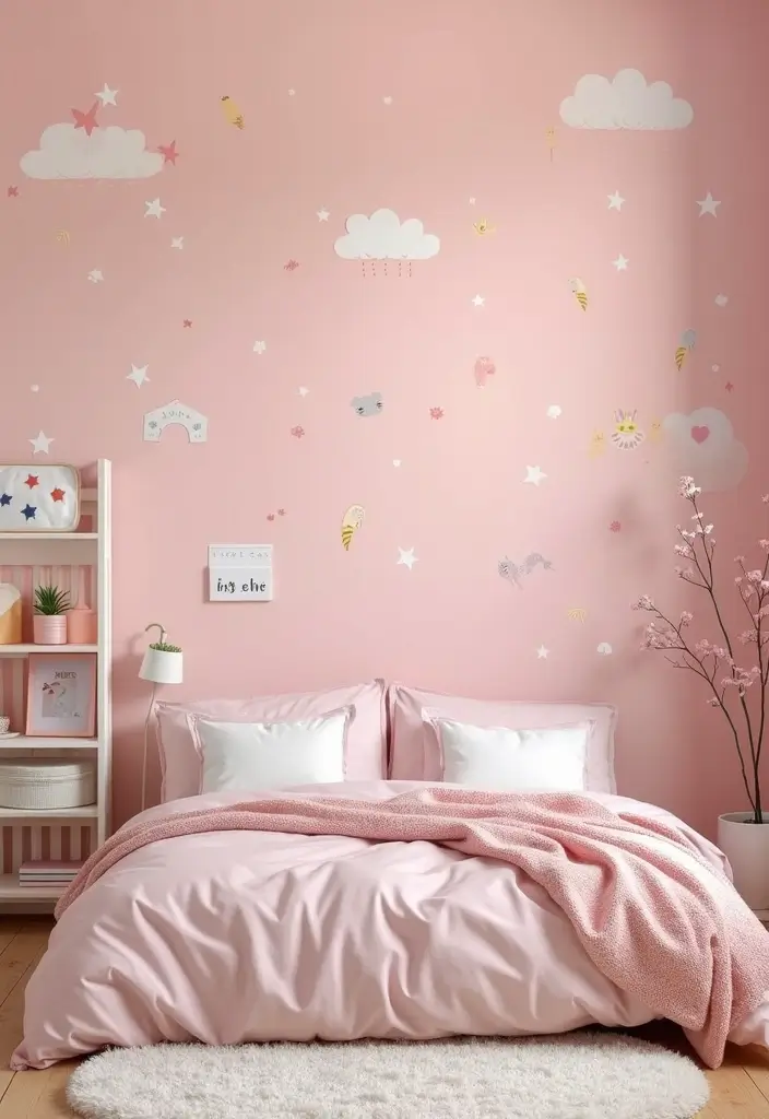 25 Pink Walls Bedroom Ideas That Feel Warm and Happy - 12. Playful Wall Decals
