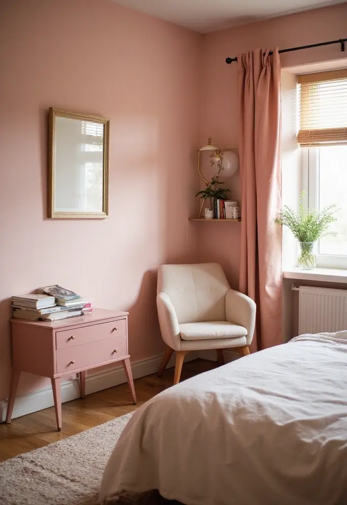 25 Pink Walls Bedroom Ideas That Feel Warm and Happy - 14. Cozy Reading Nook with Pink Walls