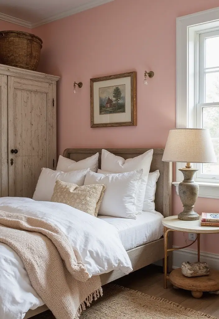 25 Pink Walls Bedroom Ideas That Feel Warm and Happy - 16. Rustic Pink Wall with Barn Wood Accents