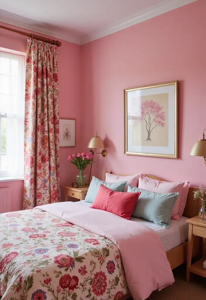 25 Pink Walls Bedroom Ideas That Feel Warm and Happy - 18. Mixed Patterns and Pink Walls