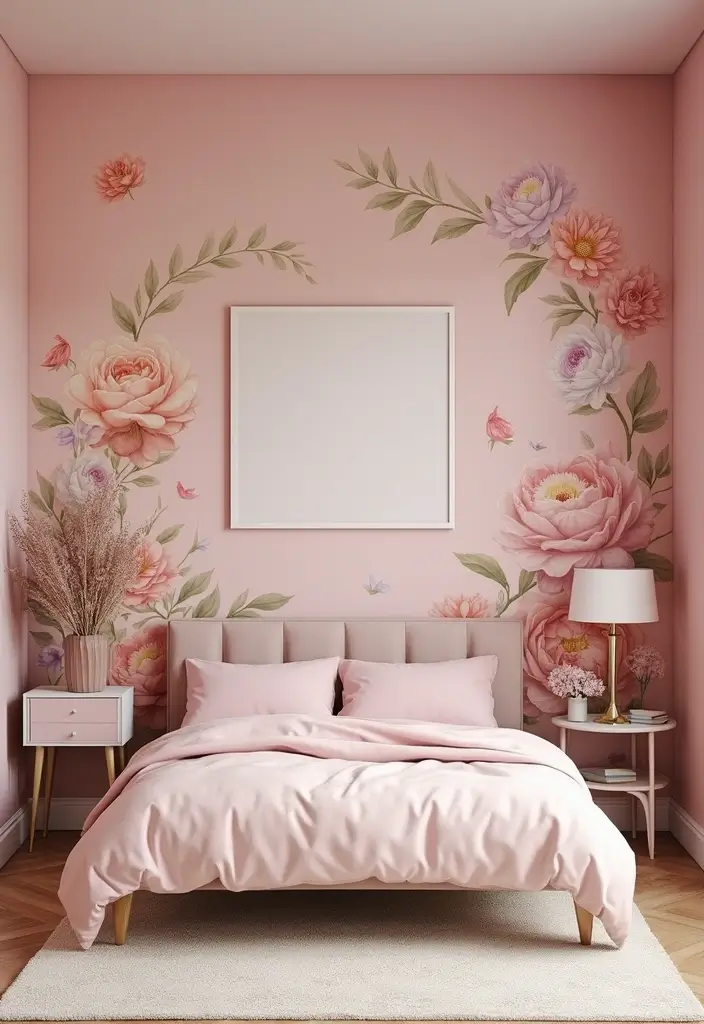 25 Pink Walls Bedroom Ideas That Feel Warm and Happy - 19. Artistic Murals on Pink Walls