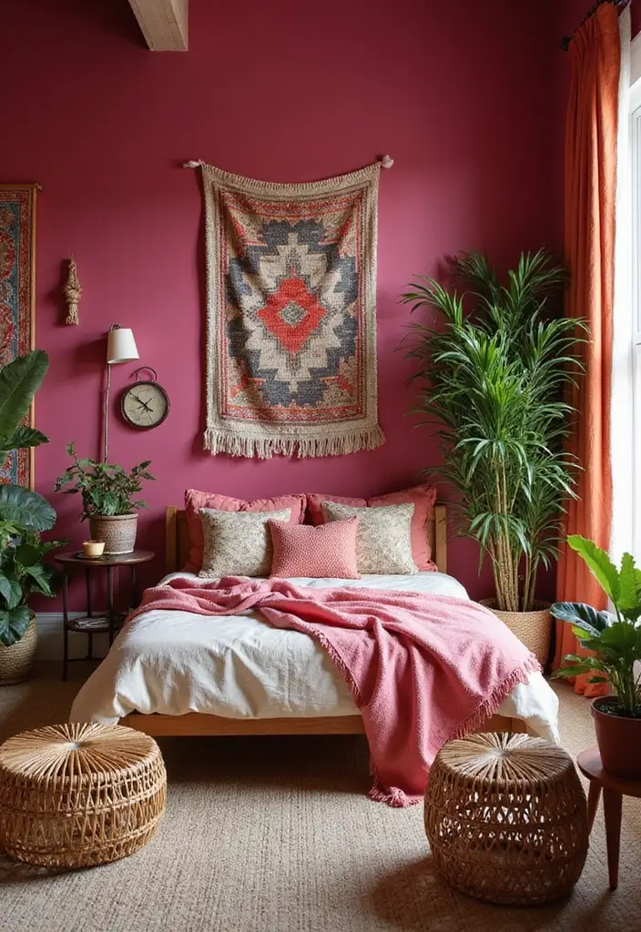 25 Pink Walls Bedroom Ideas That Feel Warm and Happy - 2. Bohemian Wonder with Rich Pink Hues