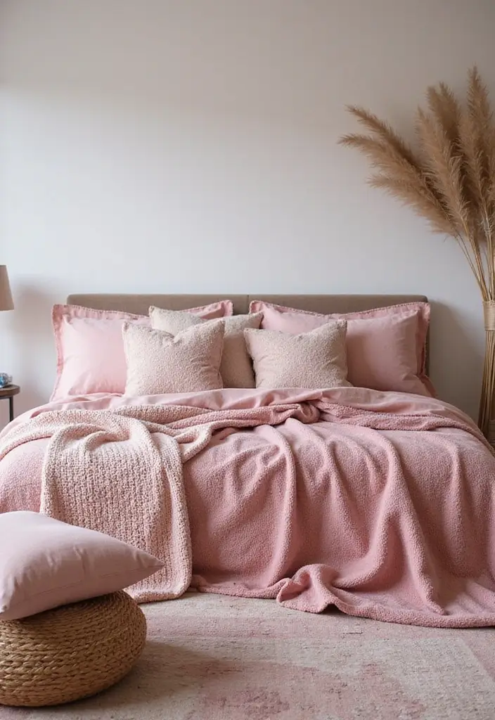 25 Pink Walls Bedroom Ideas That Feel Warm and Happy - 21. Layered Pink Textiles