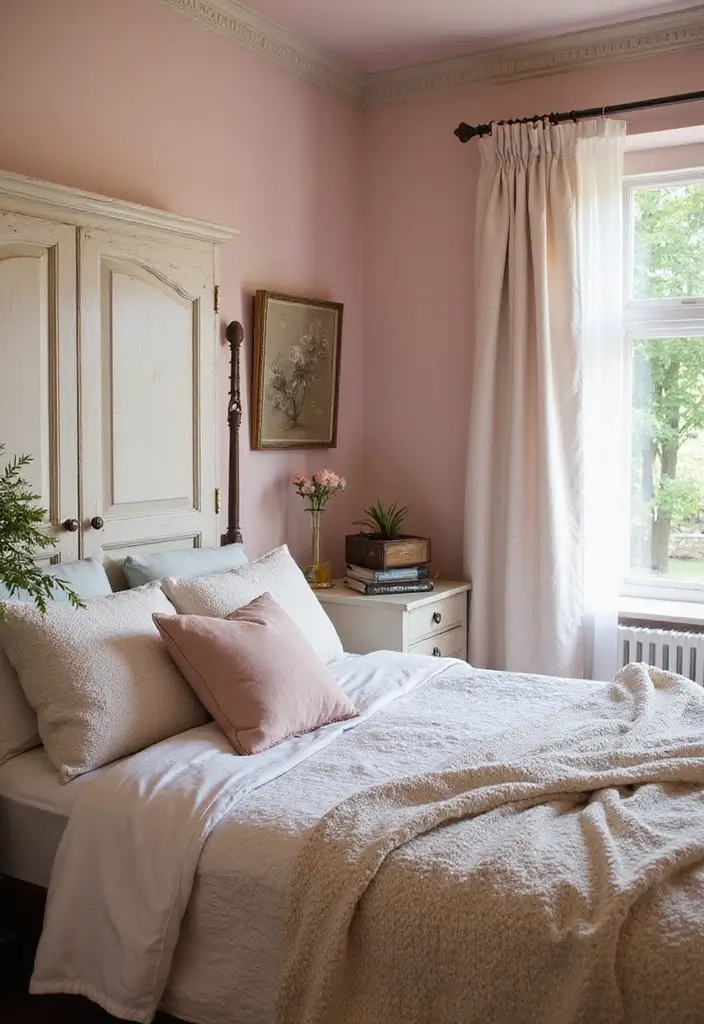 25 Pink Walls Bedroom Ideas That Feel Warm and Happy - 22. Pink Farmhouse Style