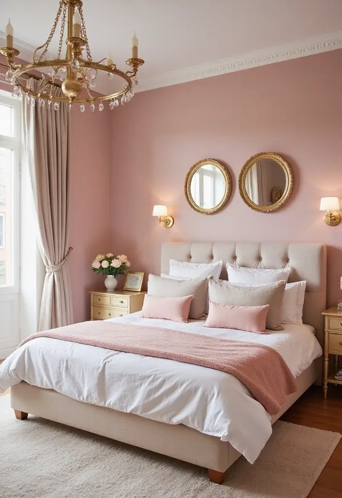 25 Pink Walls Bedroom Ideas That Feel Warm and Happy - 23. Pink and Gold Glamour