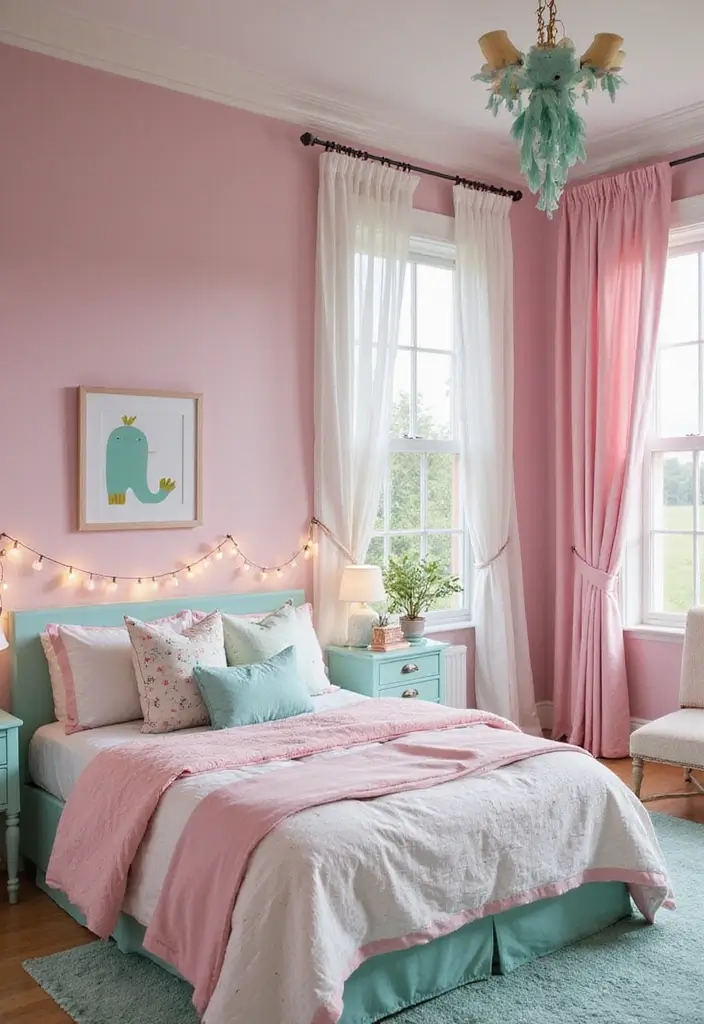 25 Pink Walls Bedroom Ideas That Feel Warm and Happy - 4. Pastel Wonderland for a Whimsical Touch