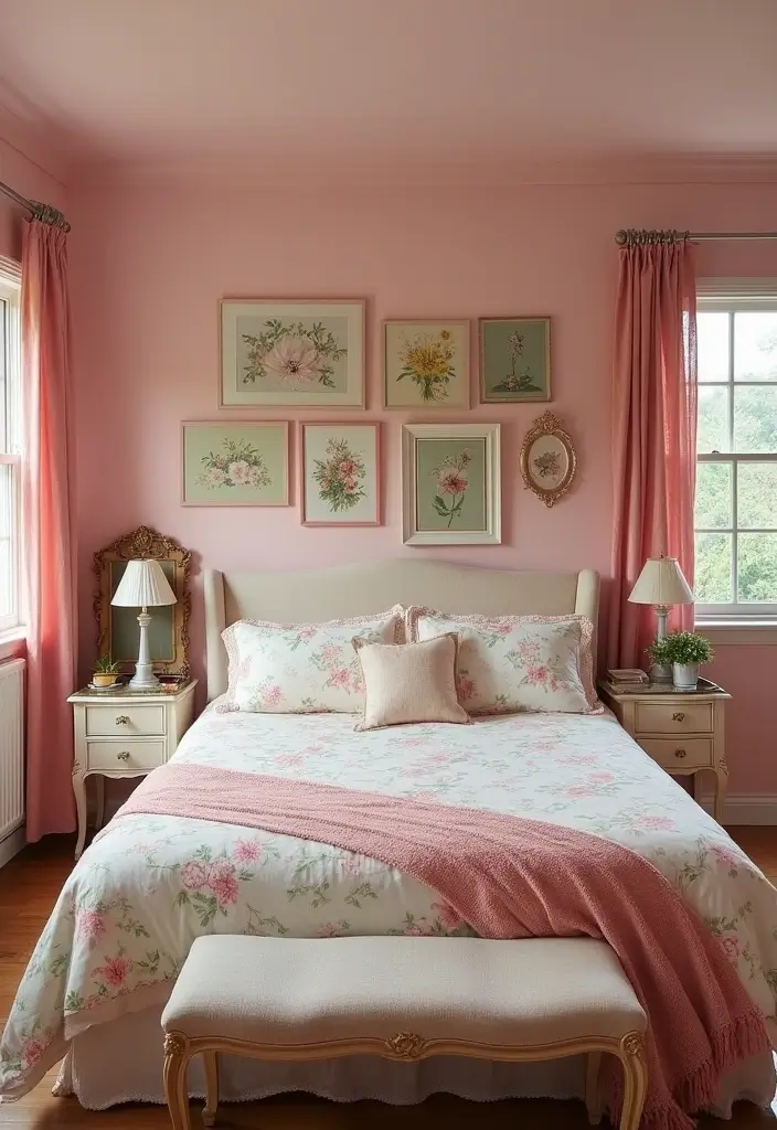 25 Pink Walls Bedroom Ideas That Feel Warm and Happy - 5. Vintage Pink with Floral Accents
