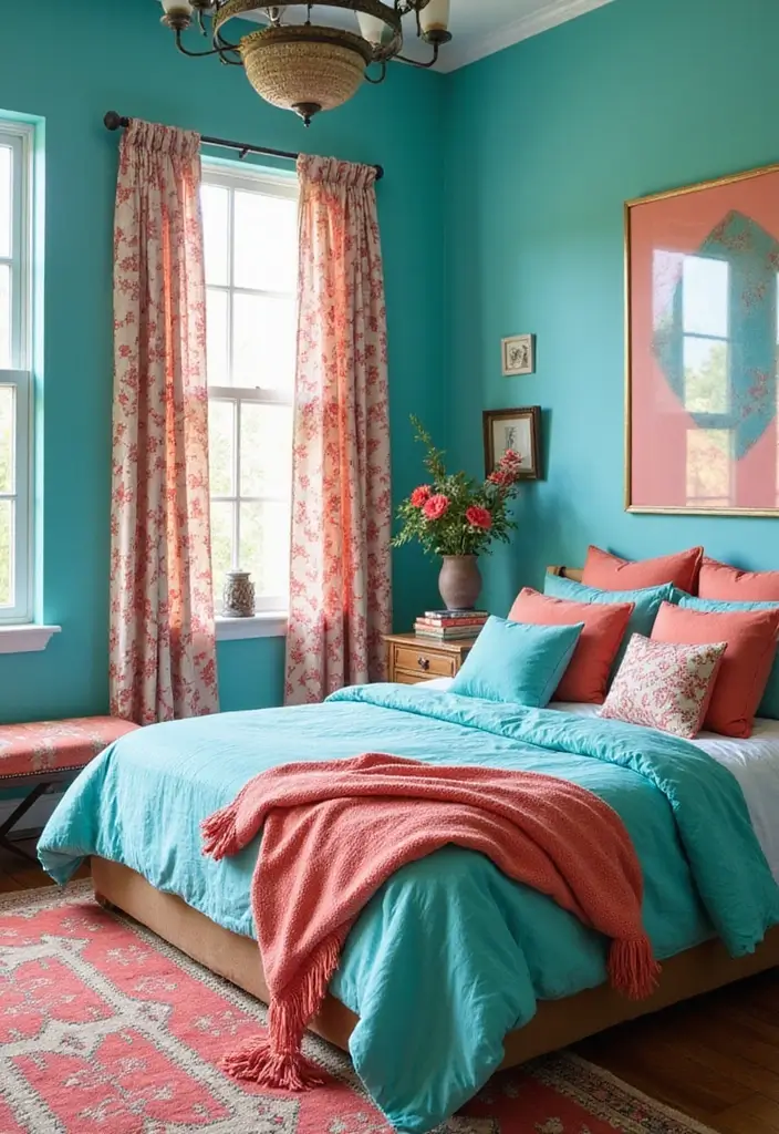 25 Turquoise Bedroom Ideas for Adults That Calm the Soul - 11. Mix of Turquoise and Coral