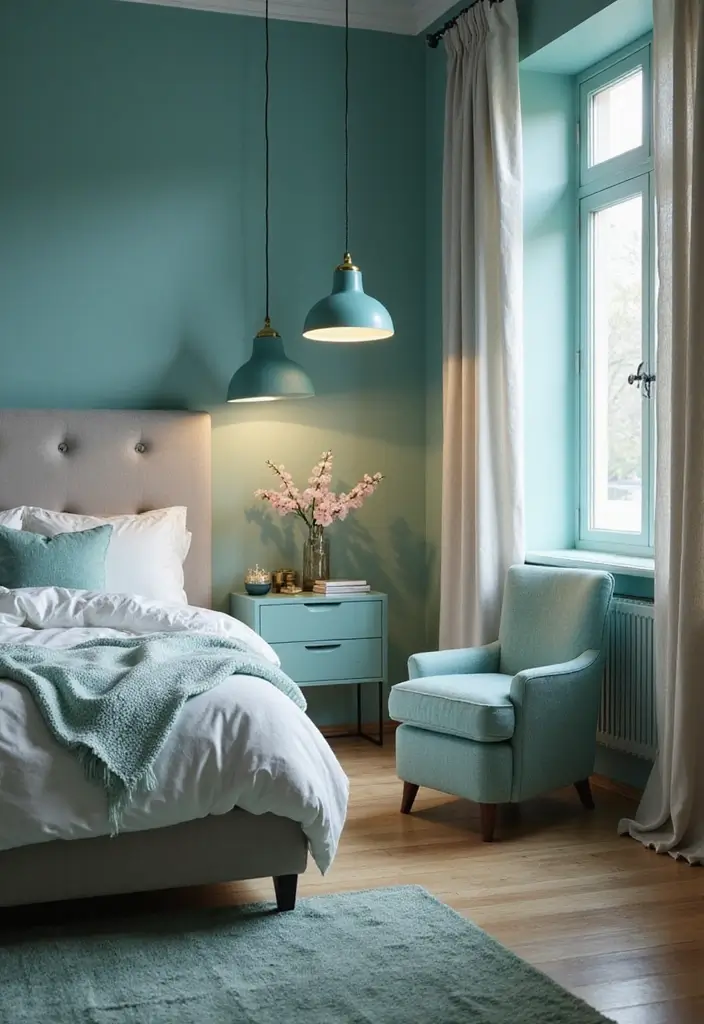 25 Turquoise Bedroom Ideas for Adults That Calm the Soul - 13. Turquoise in Bedroom Lighting