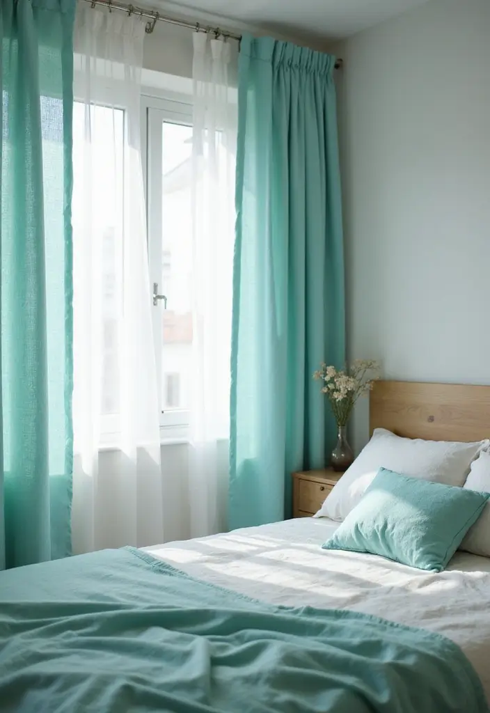 25 Turquoise Bedroom Ideas for Adults That Calm the Soul - 8. Turquoise Curtains for Soft Light