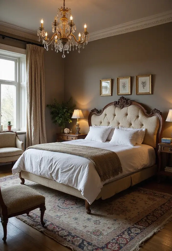 25 Upholstered Beds Bedroom Ideas That Feel Luxe and Cozy - 11. Vintage Glamour with Antique Touches