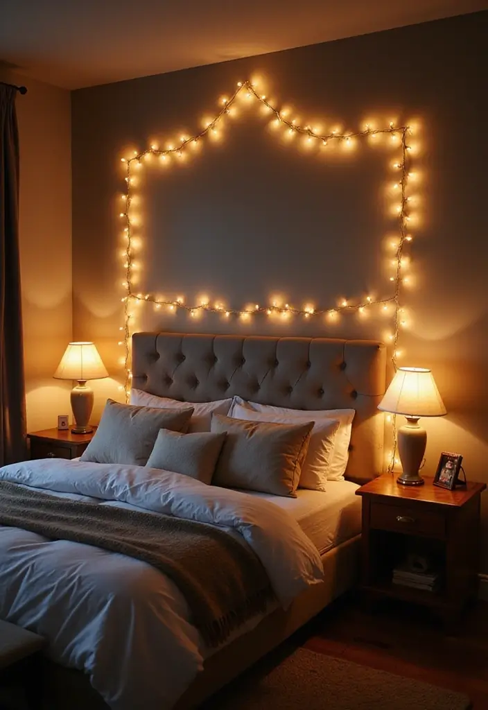 25 Upholstered Beds Bedroom Ideas That Feel Luxe and Cozy - 19. Layered Lighting for Ambiance
