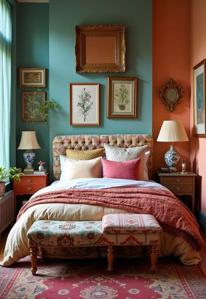 25 Upholstered Beds Bedroom Ideas That Feel Luxe and Cozy - 20. Eclectic Style with Mixing Patterns