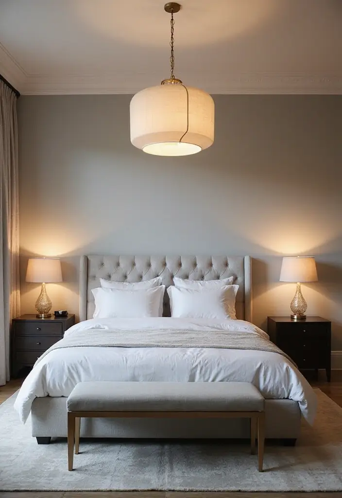 25 Upholstered Beds Bedroom Ideas That Feel Luxe and Cozy - 23. Statement Lighting Fixtures