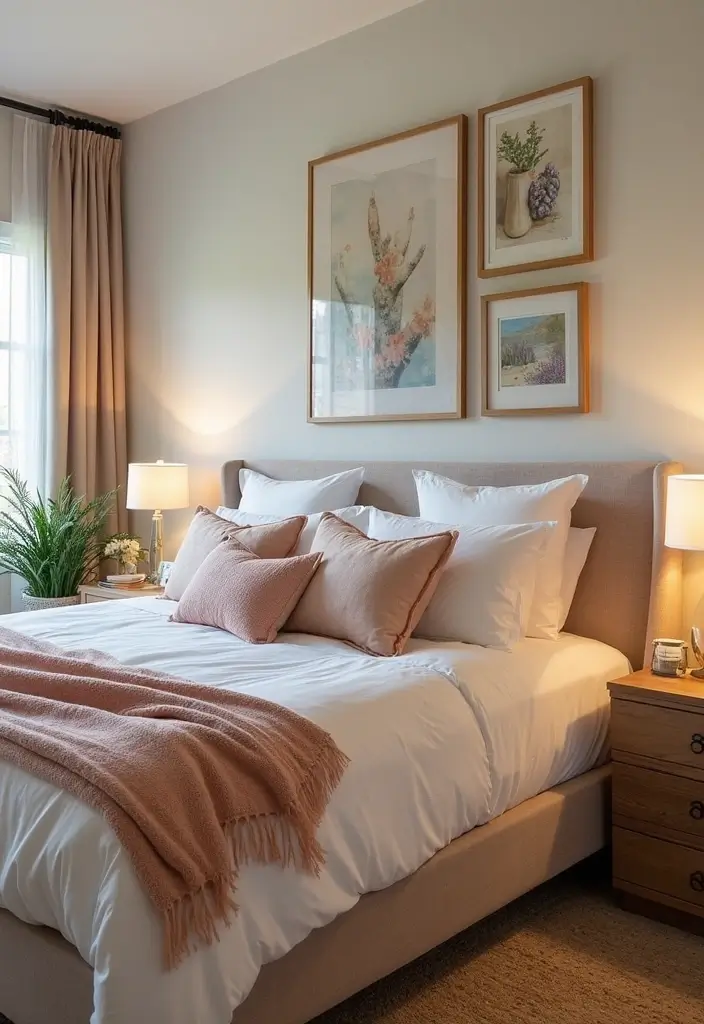 25 Upholstered Beds Bedroom Ideas That Feel Luxe and Cozy - 24. Artful Wall Decor