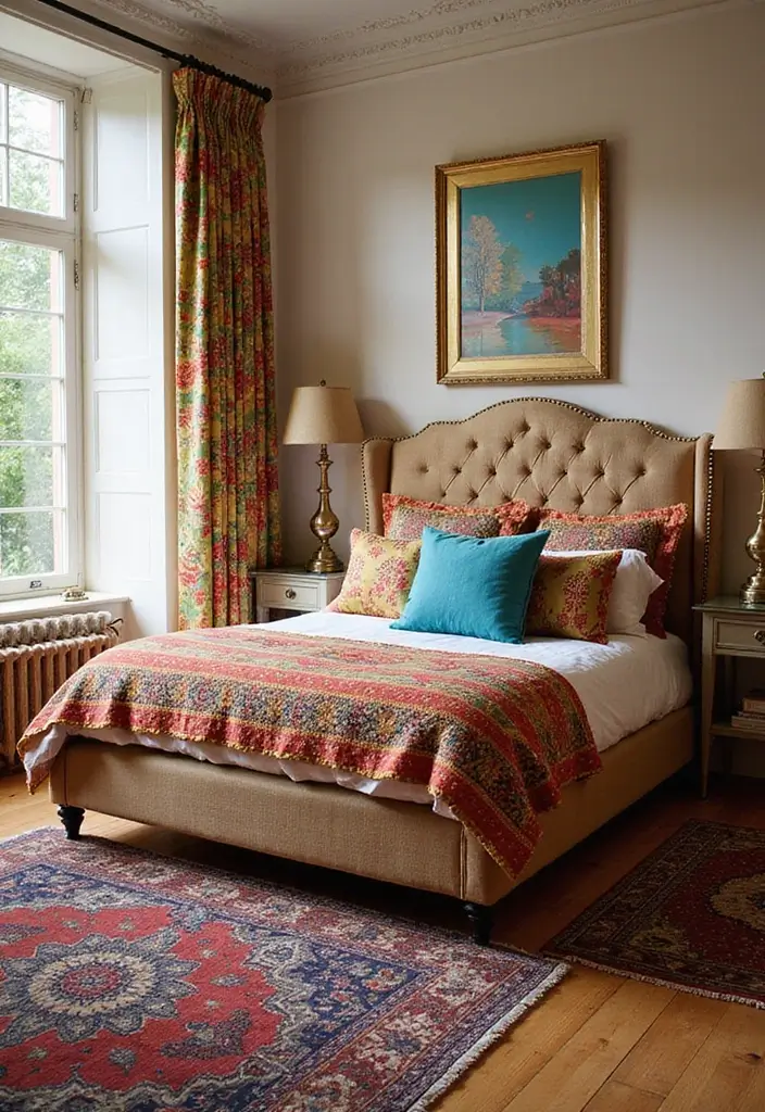 25 Upholstered Beds Bedroom Ideas That Feel Luxe and Cozy - 6. Colorful Layering