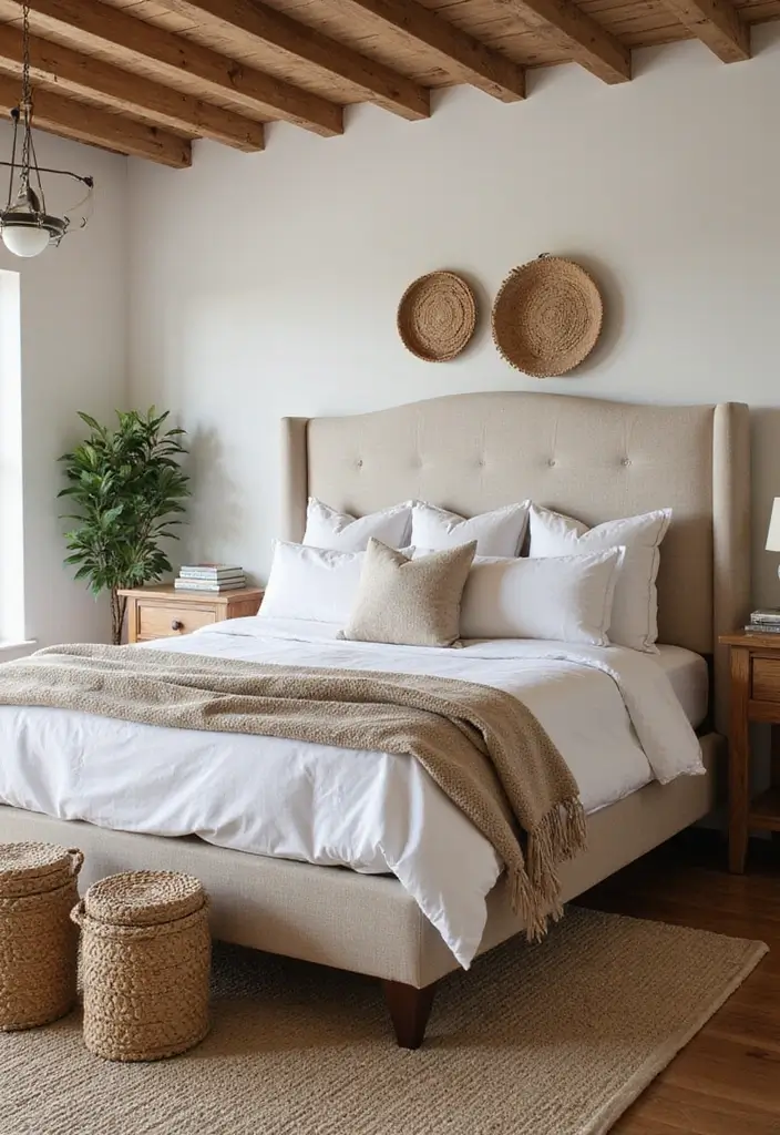 25 Upholstered Beds Bedroom Ideas That Feel Luxe and Cozy - 7. Rustic Chic with Natural Fabrics